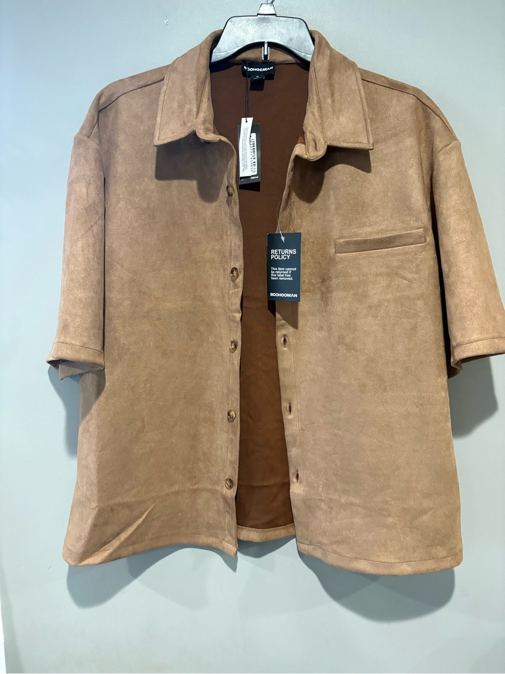 NWT BoohooMAN Faux Suede Short Sleeve Button Up Shirt Tan / Camel XL